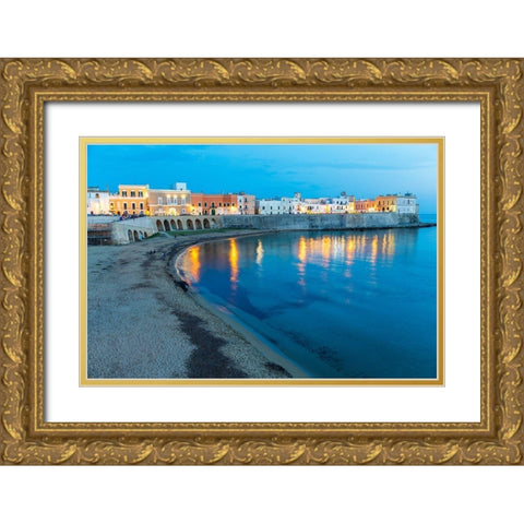 Italy-Apulia-Province of Lecce-Gallipoli Beach and old town section over the Ionian Sea at dusk Gold Ornate Wood Framed Art Print with Double Matting by Wilson, Emily
