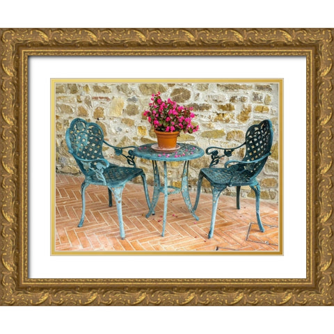 Italy-Chianti Table and chairs with a flowering begonia  Gold Ornate Wood Framed Art Print with Double Matting by Eggers, Julie
