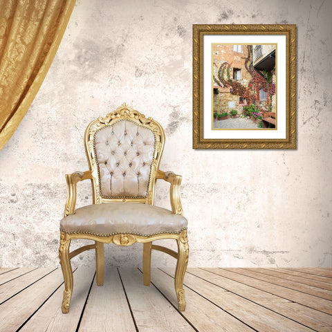 Italy-Chianti Back street alleyway with fall colored climbing vine Gold Ornate Wood Framed Art Print with Double Matting by Eggers, Julie