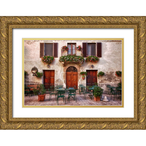 Italy-Tuscany-Pienza Tables and chairs set up outside for outdoor dining in the town of Pienza Gold Ornate Wood Framed Art Print with Double Matting by Eggers, Julie