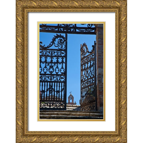 Italy-Tuscany-Montepulciano The wrought iron gate leading to the cemetery the Church of San Biaggio Gold Ornate Wood Framed Art Print with Double Matting by Eggers, Julie