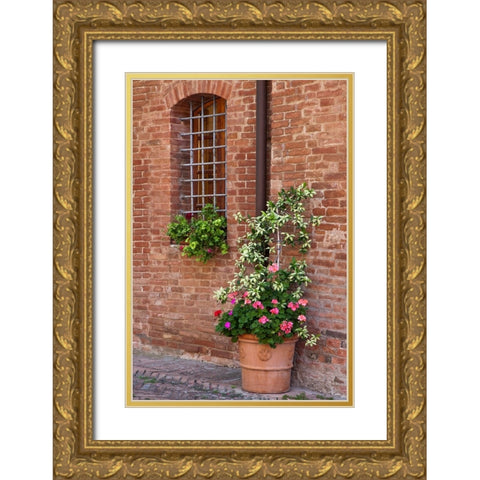 Italy-Tuscany-Crete Senesi-Asciano Street scene with potted flowers Gold Ornate Wood Framed Art Print with Double Matting by Eggers, Julie