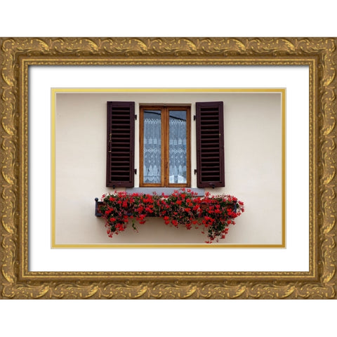 Italy-Radda in Chianti Flower boxes with red geraniums below a window with shutters Gold Ornate Wood Framed Art Print with Double Matting by Eggers, Julie