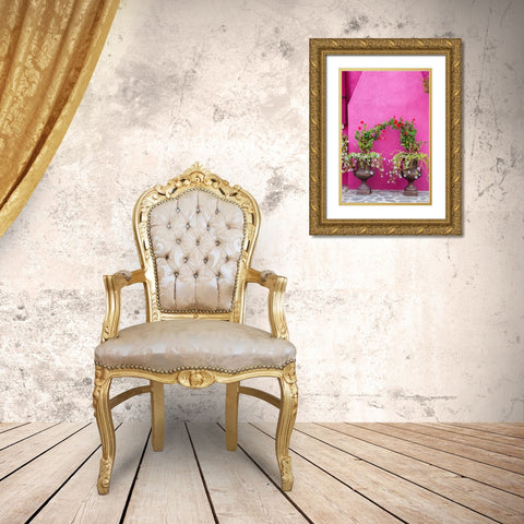 Italy-Venice-Burano Island Urns planted with flowers against a bright pink wall on Burano Island Gold Ornate Wood Framed Art Print with Double Matting by Eggers, Julie