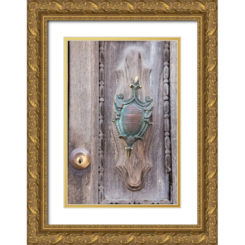 Italy-Venice-Burano Island Closeup of brass detail on an old wooden door on Burano Island Gold Ornate Wood Framed Art Print with Double Matting by Eggers, Julie