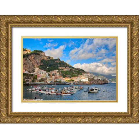 Italy-Amalfi Boats in the harbor and coastal town of Amalfi Gold Ornate Wood Framed Art Print with Double Matting by Eggers, Julie