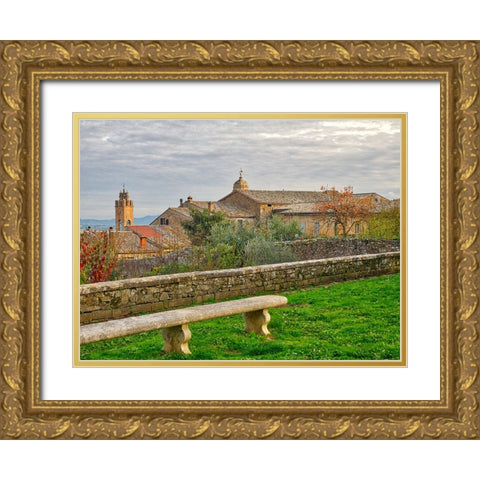 Italy-Tuscany-Province of Siena-Montalcino Stone bench overlooking the town of Montalcino Gold Ornate Wood Framed Art Print with Double Matting by Eggers, Julie