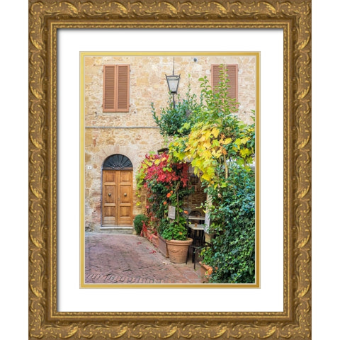 Italy-Tuscany-Pienza Doorway surrounded by flowers Gold Ornate Wood Framed Art Print with Double Matting by Eggers, Julie