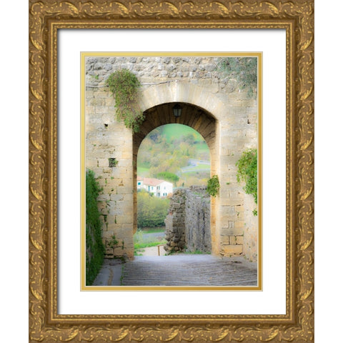 Italy-Chianti-Monteriggioni Looking out an arched entrance into the walled town Gold Ornate Wood Framed Art Print with Double Matting by Eggers, Julie