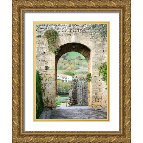 Italy-Chianti-Monteriggioni Looking out an arched entrance into the walled town Gold Ornate Wood Framed Art Print with Double Matting by Eggers, Julie