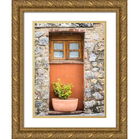 Italy-Chianti-Monteriggioni Wooden shutters on a window with planter below Gold Ornate Wood Framed Art Print with Double Matting by Eggers, Julie