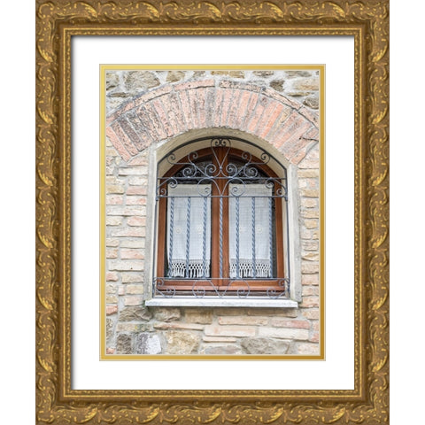 Italy-Tuscany-Province of Siena-Montalcino Iron-barred window Gold Ornate Wood Framed Art Print with Double Matting by Eggers, Julie