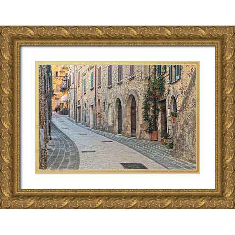 Italy- Umbria. Street leading up to the main square in the historic town of Montone. Gold Ornate Wood Framed Art Print with Double Matting by Eggers, Julie