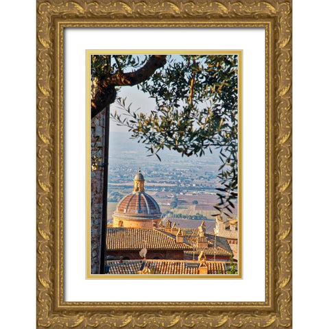 Italy- Umbria- Assisi. The dome of the Convento Chiesa Nuova with the countryside in the distance. Gold Ornate Wood Framed Art Print with Double Matting by Eggers, Julie