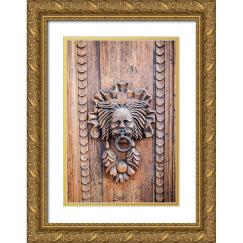 Italy- Umbria- Assisi. Ornate wood carved door knocker. Gold Ornate Wood Framed Art Print with Double Matting by Eggers, Julie