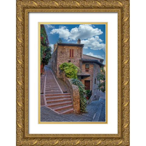 Italy- Umbria. Homes along the streets of Assisi. Gold Ornate Wood Framed Art Print with Double Matting by Eggers, Julie