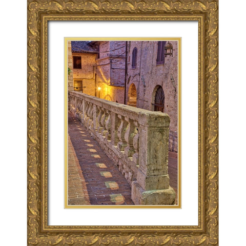 Italy- Umbria- Assisi. Short stone wall with columns near the Convento Chiesa Nuova. Gold Ornate Wood Framed Art Print with Double Matting by Eggers, Julie