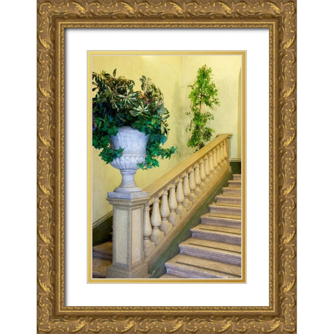 Italy- Umbria- Spoleto. Concrete urn filled with greenery on the end of a banister of a staircase. Gold Ornate Wood Framed Art Print with Double Matting by Eggers, Julie
