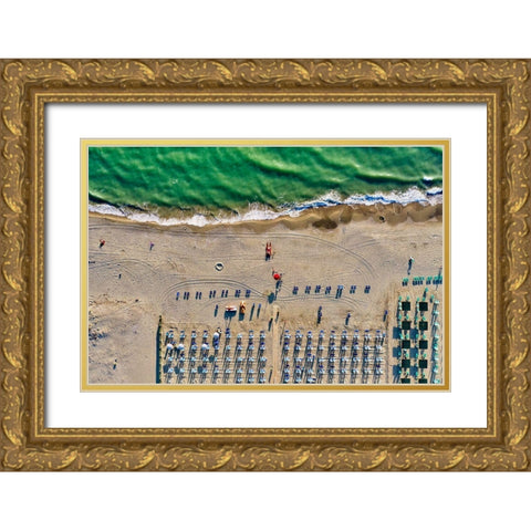 Italy-Tuscany-Torre del Lago Puccini-boathouse and neatly ordered beach chairs and umbrellas Gold Ornate Wood Framed Art Print with Double Matting by Molinari, Michele