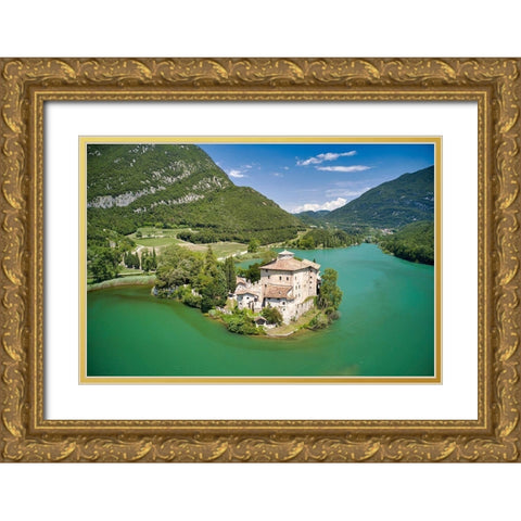 Italy-Trentino-castle and Toblino Lake Gold Ornate Wood Framed Art Print with Double Matting by Molinari, Michele