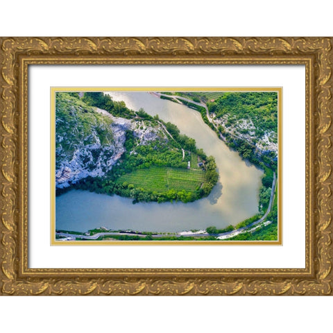 Italy-Adige river bend and vineyards Gold Ornate Wood Framed Art Print with Double Matting by Molinari, Michele