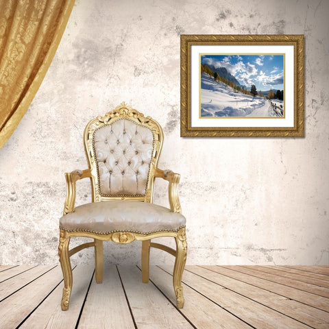Geisler mountain range in the dolomites of the Villnoss Valley in South Tyrol-Alto Adige after an a Gold Ornate Wood Framed Art Print with Double Matting by Zwick, Martin