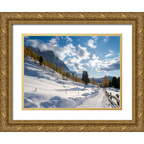 Geisler mountain range in the dolomites of the Villnoss Valley in South Tyrol-Alto Adige after an a Gold Ornate Wood Framed Art Print with Double Matting by Zwick, Martin