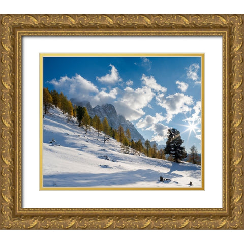 Geisler mountain range in the dolomites of the Villnoss Valley in South Tyrol-Alto Adige after an a Gold Ornate Wood Framed Art Print with Double Matting by Zwick, Martin