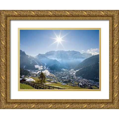 Sella mountain range and village Wolkenstein-Selva in the dolomites of South Tyrol-Alto Adige seen  Gold Ornate Wood Framed Art Print with Double Matting by Zwick, Martin