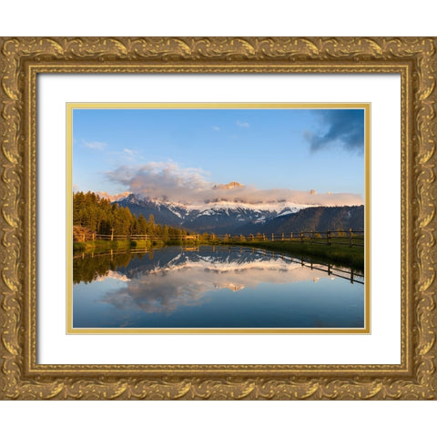 Rosengarten-Catinaccio mountain range in the dolomites of South Tyrol-Alto Adige-are reflected in a Gold Ornate Wood Framed Art Print with Double Matting by Zwick, Martin