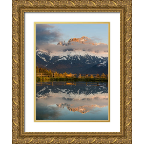 Rosengarten-Catinaccio mountain range in the dolomites of South Tyrol-Alto Adige-are reflected in a Gold Ornate Wood Framed Art Print with Double Matting by Zwick, Martin