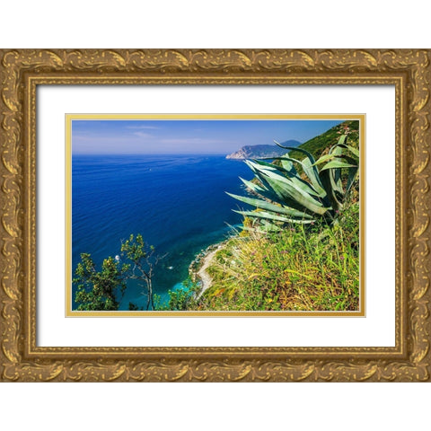 The Ligurian Sea from the Sentiero Azzurro (Blue Trail) near Vernazza-Cinque Terre-Liguria-Italy Gold Ornate Wood Framed Art Print with Double Matting by Bishop, Russ