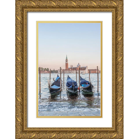Italy-Venice Gondolas on the waterfront with San Giorgio Maggiore Church in the background Gold Ornate Wood Framed Art Print with Double Matting by Tilley, Rob