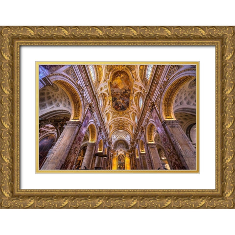Tall Arches Nave Saint Louis of French Basilica Church-Rome-Italy  Gold Ornate Wood Framed Art Print with Double Matting by Perry, William