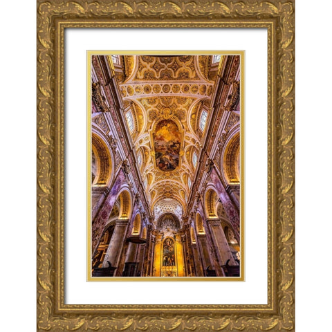 Tall Arches Nave Ceiling Frescos Saint Louis of French Basilica Church-Rome-Italy  Gold Ornate Wood Framed Art Print with Double Matting by Perry, William