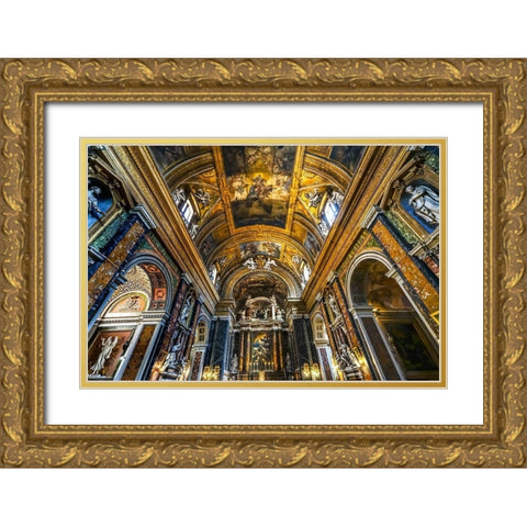 Altar Statues frescoes-Basilica Jesus and Mary Gesu e Maria Church-Rome-Italy Gold Ornate Wood Framed Art Print with Double Matting by Perry, William