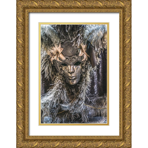 Silver Venetian mask feathers-Venice-Italy-Used since 1200s for Carnival-Also used for Mardi Gras Gold Ornate Wood Framed Art Print with Double Matting by Perry, William
