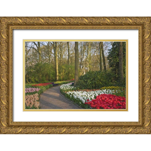 Netherlands, Lisse Path through garden flowers Gold Ornate Wood Framed Art Print with Double Matting by Flaherty, Dennis