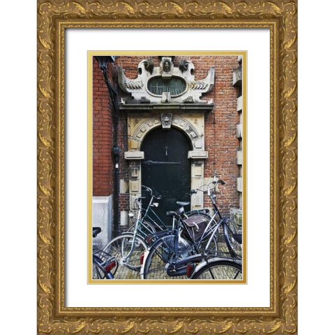 Netherlands, Amsterdam Bicycles by building door Gold Ornate Wood Framed Art Print with Double Matting by Flaherty, Dennis