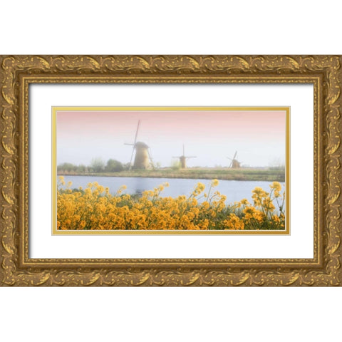 Netherlands, Kinderdijk Windmills next to stream Gold Ornate Wood Framed Art Print with Double Matting by Flaherty, Dennis