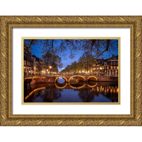 Europe-The Netherlands-Amsterdam-Canal scene at night Gold Ornate Wood Framed Art Print with Double Matting by Jaynes Gallery