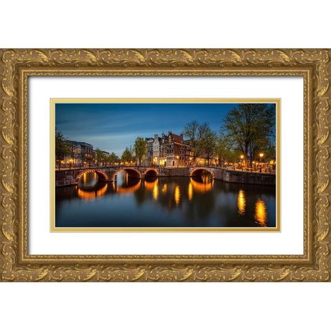 Europe-The Netherlands-Amsterdam-Canal scene at sunset Gold Ornate Wood Framed Art Print with Double Matting by Jaynes Gallery