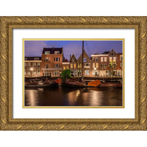 Europe-The Netherlands-Delfshaven-Sunset scene along canal Gold Ornate Wood Framed Art Print with Double Matting by Jaynes Gallery