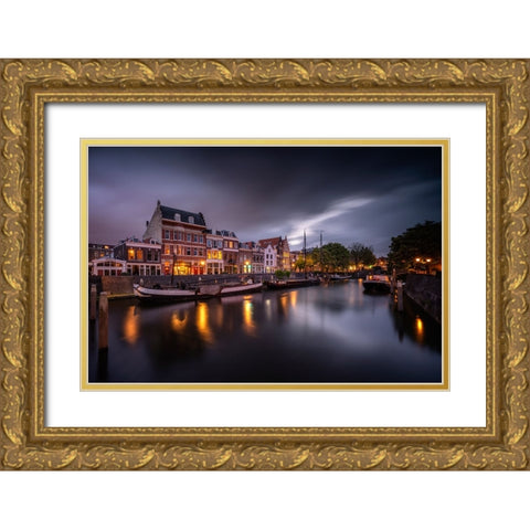 Europe-The Netherlands-Delfshaven-Sunset scene along canal Gold Ornate Wood Framed Art Print with Double Matting by Jaynes Gallery