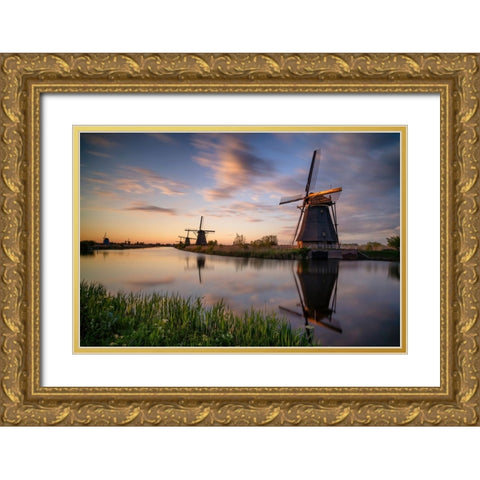 Europe-The Netherlands-Kinderdijk windmills at sunset Gold Ornate Wood Framed Art Print with Double Matting by Jaynes Gallery