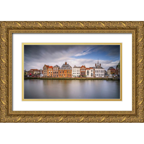 Europe-The Netherlands-Maassluis-Row of buildings on ocean pier Gold Ornate Wood Framed Art Print with Double Matting by Jaynes Gallery
