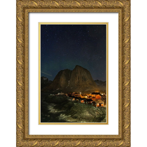 Norway- Lofoten Islands. Aurora Borealis In the sky above Hamnoy in Reine Gold Ornate Wood Framed Art Print with Double Matting by Looney, Hollice