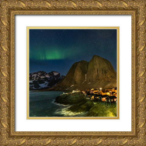 Norway- Lofoten Islands. Aurora Borealis In the sky above Hamnoy in Reine Gold Ornate Wood Framed Art Print with Double Matting by Looney, Hollice