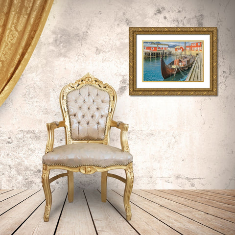 Norway- Lofoten Islands. Ballstadoy from across the lake Gold Ornate Wood Framed Art Print with Double Matting by Looney, Hollice