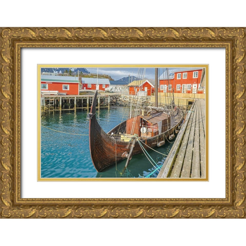 Norway- Lofoten Islands. Ballstadoy from across the lake Gold Ornate Wood Framed Art Print with Double Matting by Looney, Hollice